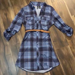 Blue Plaid Button Down Belted Tunic Dress